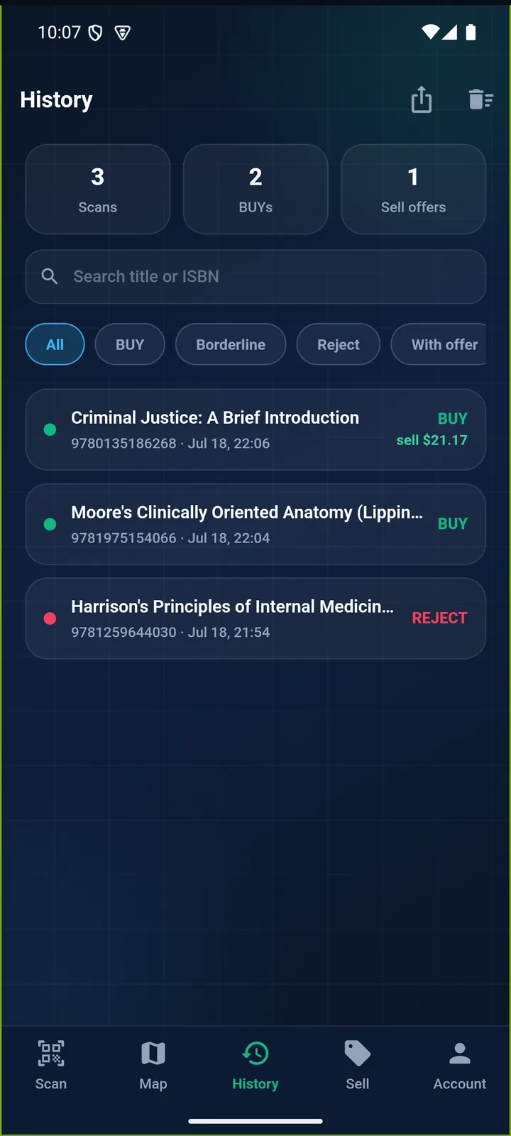 History screen in the RakeScan app: 3 scans, 2 BUYs, 1 sell offer, with a search box and verdict filters