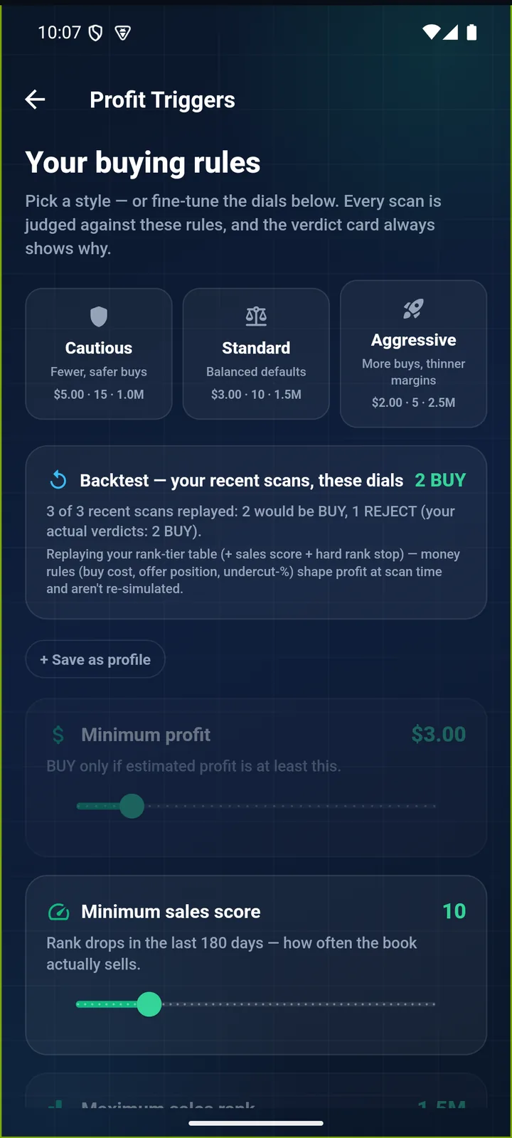 Profit Triggers screen in the RakeScan app: Cautious, Standard and Aggressive profiles, a backtest of recent scans, and the minimum profit and sales score dials