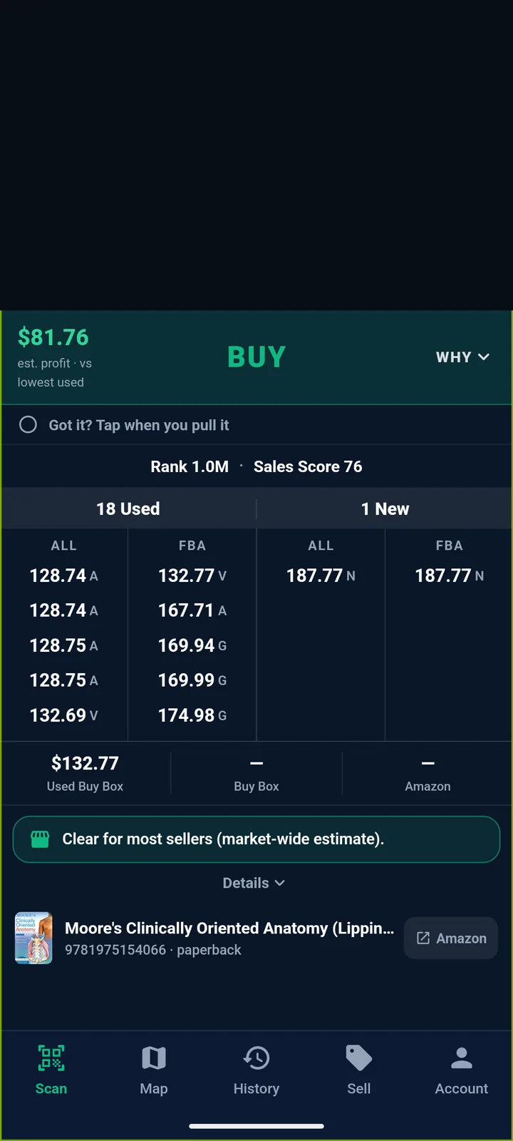 A BUY verdict in the RakeScan app with the full offer ladder and the gating line 'Clear for most sellers'
