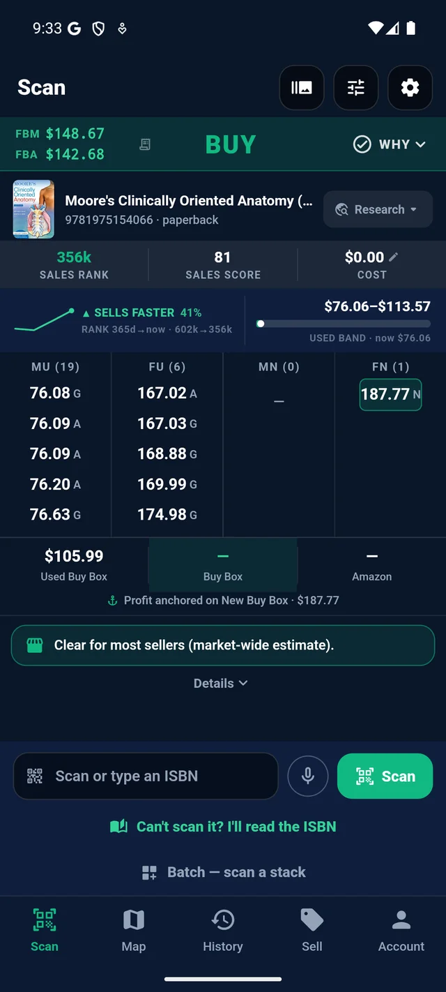 RakeScan verdict screen: BUY with the full offer ladder, sales rank and Buy Box