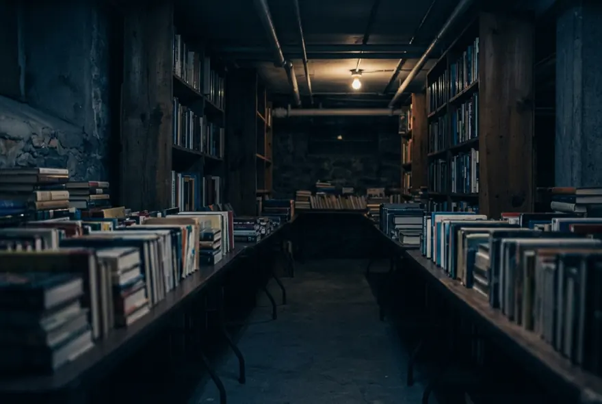 A dim basement book-sale room with folding tables of sorted books
