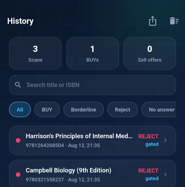 RakeScan History screen after a test morning: 3 scans, 1 BUY — Moore's Anatomy a BUY, Harrison's and Campbell rejected as gated titles
