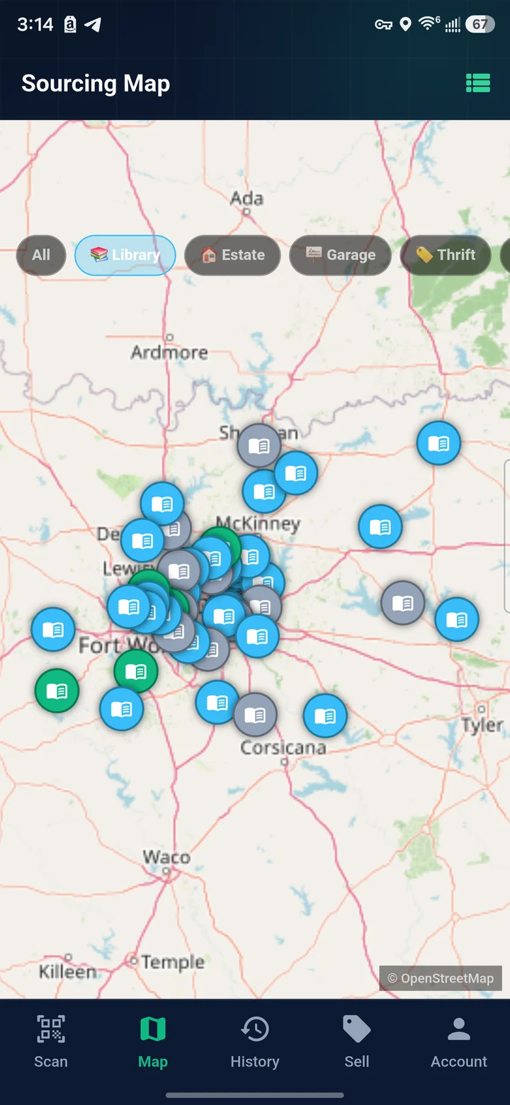 The RakeScan Sourcing Map with the Library filter switched on: the map redraws to just library sales, each pinned with a book icon, spread from Oklahoma down to central Texas