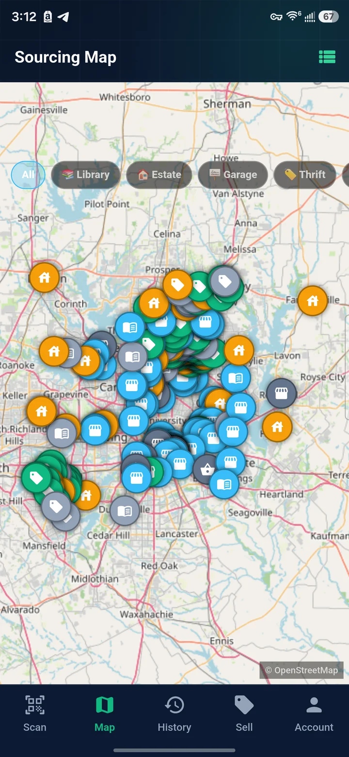 The RakeScan Sourcing Map in map view: around 180 colour-coded pins for library, estate, garage, thrift and surplus sales spread across the Dallas–Fort Worth metroplex, on an OpenStreetMap base
