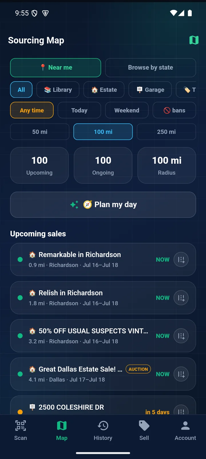 RakeScan Sourcing Map screen showing category chips, radius filters and a list of upcoming sales with distances
