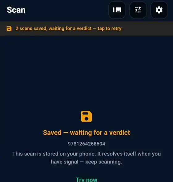 RakeScan holding three scans in the on-device queue with no signal, then resolving them into verdicts once the connection returns