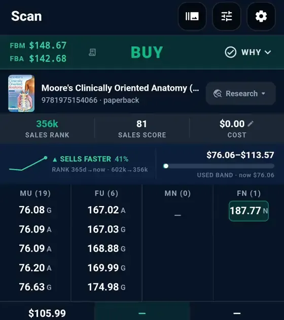 RakeScan verdict panel: a BUY verdict with the WHY trace naming the trigger that fired, above the full offer ladder